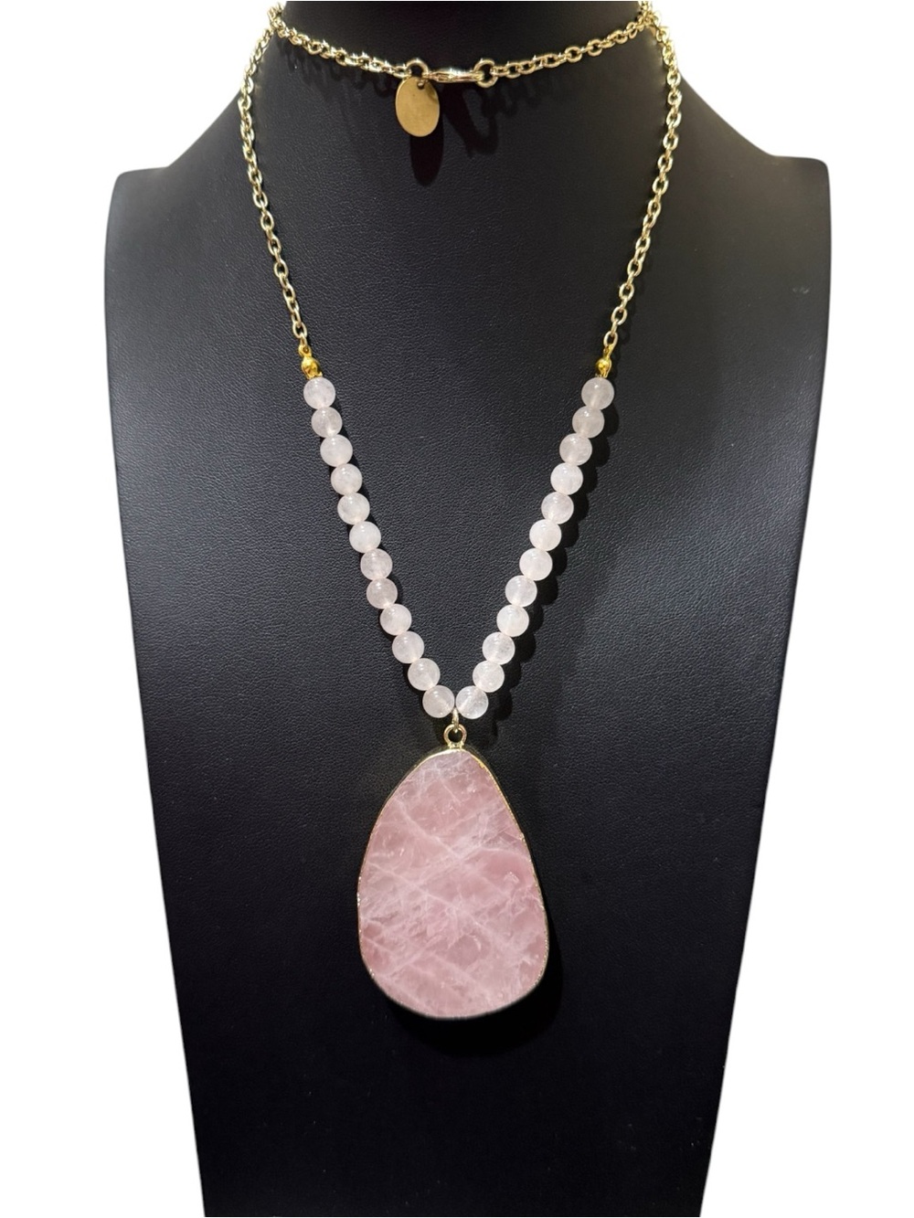 Rose Quartz Teardrop Pendant Gold-Tone Necklace